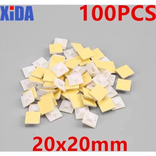 100Pcs 20x20 NylonPlastic Black White Self Adhesive Stick-on Mounts For Cable Ties / Routing Looms Wire & Cable Base Clamps Clip
