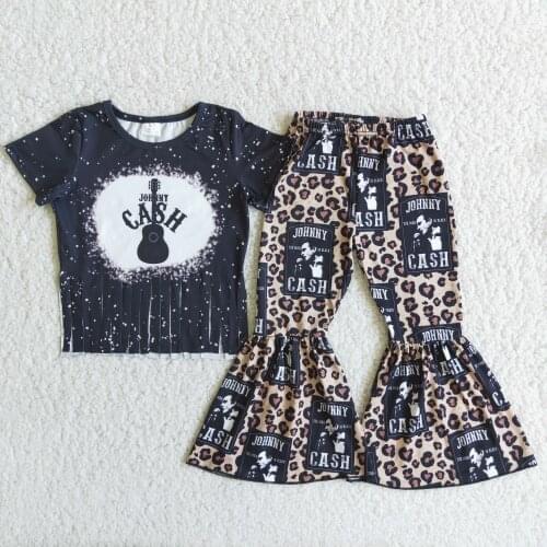 2021 New RTS Infant Baby Girls Clothing Black Tassel design Short Sleeves Tops Bell Bottoms Boutique Kids Clothing-Sets