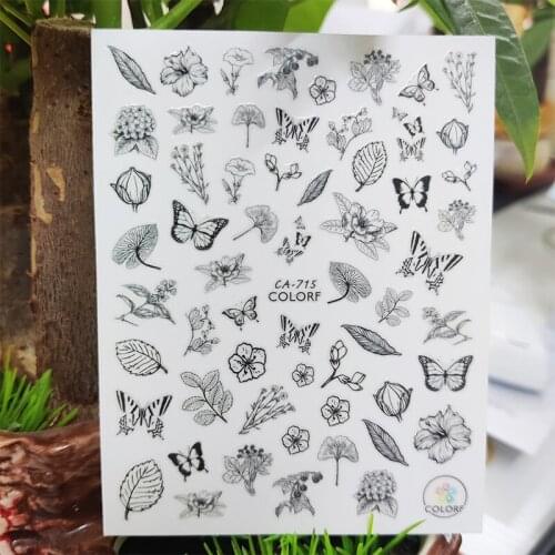 3D Stickers for Nails White Black Butterfly Flowers Leaf Nails Art Decoration Manicure Sticker Sliders Nail Foil Accessories