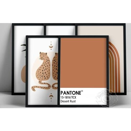 Abstract Sun Line Leopard Palm Leaf Prints Art, Boho Terracotta Landscape Poster, Bohemia Wall Picture, Khaki Brown Wall Sticker