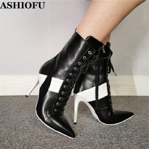 ASHIOFU New Arrival Handmade Womens High Heel Boots Elegant Shoelace Pointed-toe Ankle Boots Black Evening Fashion Boots Shoes