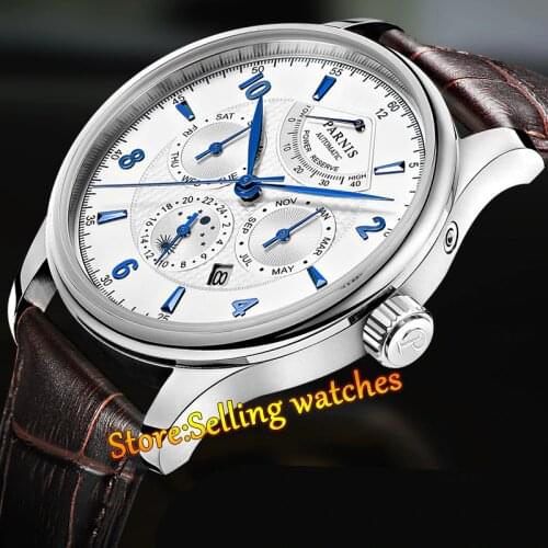 43mm Parnis White Dial Blue Mark( Black Dial)Sapphire Automatic Sapphire Mens Watch