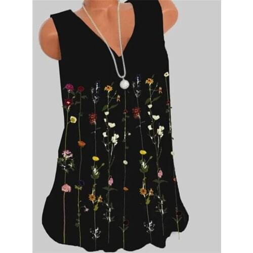 Elegant Sleeveless Women T-shirt Casual Large Size V-neck T-shirt Loose Printed Top Women