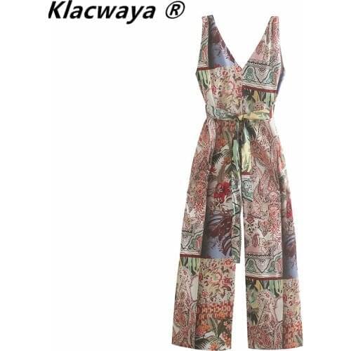Klacwaya Woman Summer 2021 Vintage Print Wide Leg Jumpsuit Sleeveless Overalls Elegant Long Jumpsuits Fashion Belt Romper