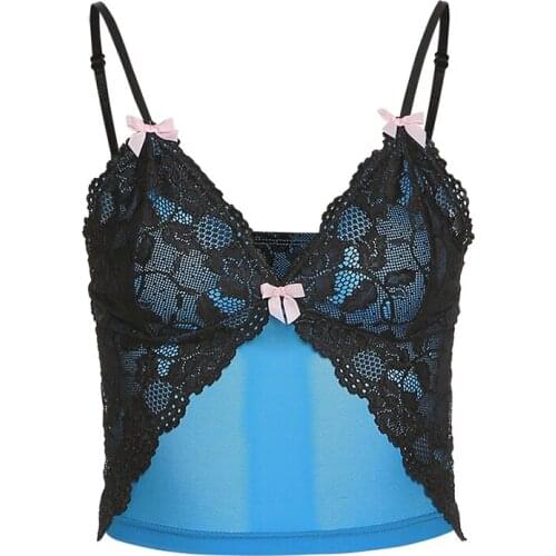 Summer ladies sexy fashion suspender strapless slim-fit beauty tank top with blue lace hem and deep V-neck sleeveless top