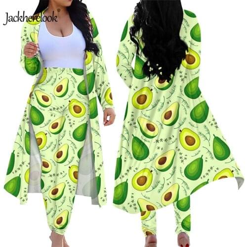 Jackherelook Autumn Cloak Trousers Casual 2 Set Cute Avocado Tropical Leaves Print High Waist Tight Suit Pants Two-piece Outfits