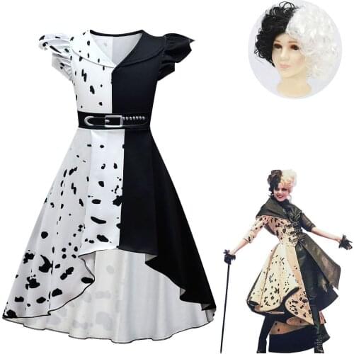 Movie 101 Dalmatians Witch A-line Dress Kids Halloween Costumes Cruella Vestidoes Children Carnival Party Performance Costume