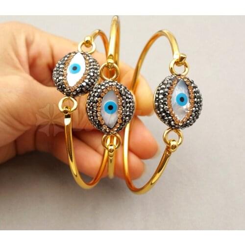 RB024 WKT Charming Pearl Shell Bangle With Evil Eye Shape Rhinestone Pave Connector Bnagle For Women Fashion Bangle