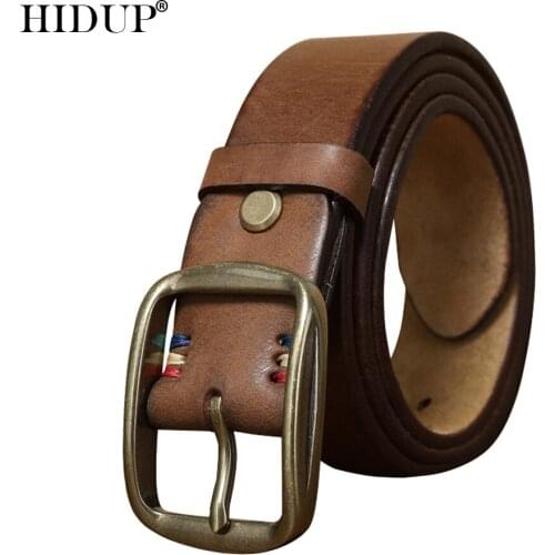 HIDUP Top Quality Retro Styles Cow Genuine Skin Leather Belt Brass Pin Buckle Metal Solid Cowhide Belts Jean Accessories NWJ1084