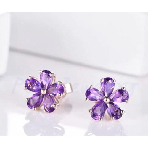 Natural amethyst flower stud earring Free shipping 925 sterling silver 0.2ct*10pcs gemstone T972516