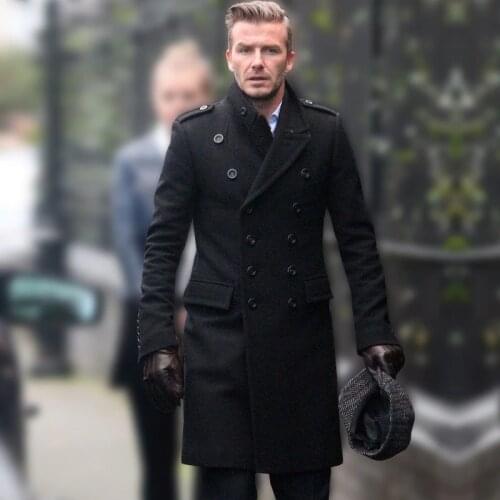 Woolen Mens coat jacket Beckhams same style autumn and winter mid-length slim black double-breasted woolen trench coat