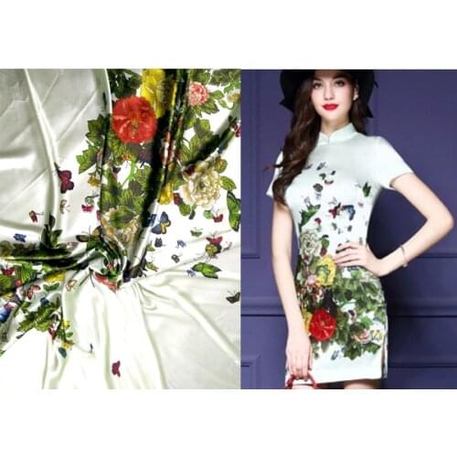 Discount Super satin Woven stretch Silk Fabric Sewing clothes skirt shirt material light yellow flowers Prints tissus au metre