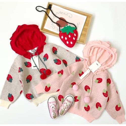 Tonytaobaby Autumn Style Lovely Foreign Style Big Strawberry Jacquard Hooded Sweater Toddler Girl Sweater