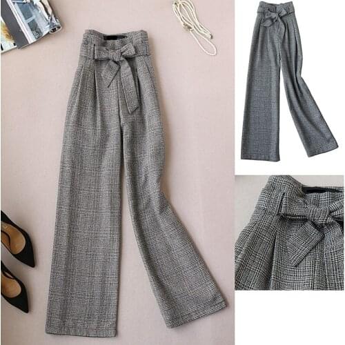 Women Autumn Winter Fashion Korean Style OL Plaid Pattern Woolen Pants Ladies Elegant Checkers Wool Full Trousers