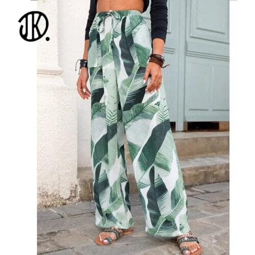 Women Casual Leaf Print Trousers Loose High Waist Wide-leg Pants Lady Yoga Stretch Belt Plus Size Pant For Female Summer Trouser