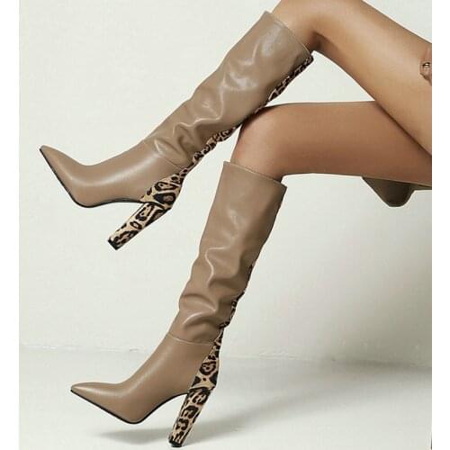 Faux Leather Brand Design Women Knee High Boots Pointed Toe Square High Heel Ladies Boots Fashion Leopard 2021 Fall Winter Boots