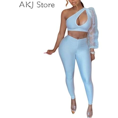 Women Solid Color Single Shoulder Puff Sleeve Front Cut Out Top and High Waist Pencil Pants 2pcs Set