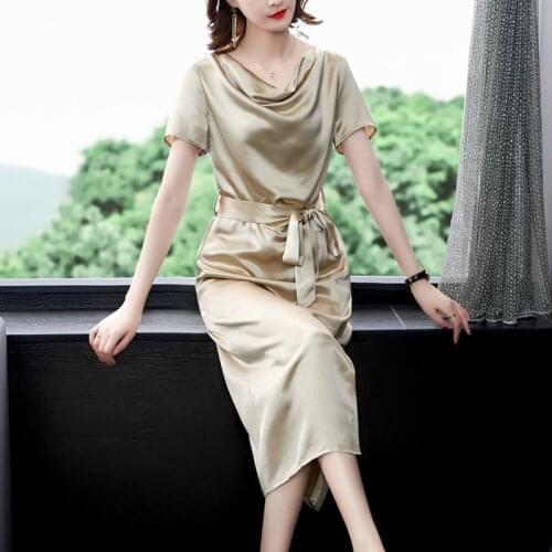 2021 New Summer Robe Champagne High-End Women Dress Loose Plus Size Elegant A-Line Female Long Skirt Short Sleeve Solid Vestidos