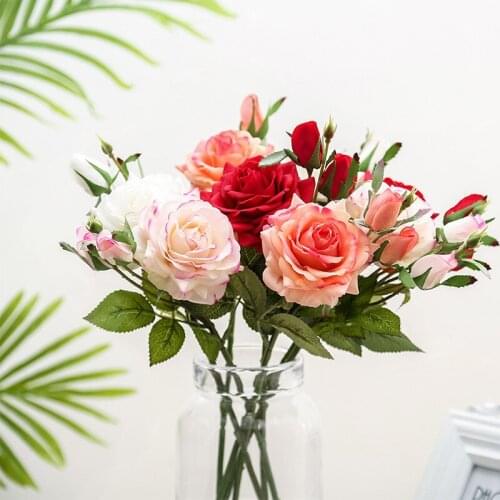 1 Branch Artificial Rose Flower Bridal Hand-Holding Flower Wedding Decoration 1 Flower 2 Buds Fake Rose Flower DIY Home Decor