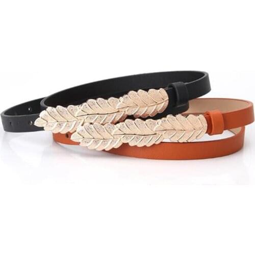 106cm*1.4cm PU Belt Women Leaf Metal Buckle Stylish Ladies Girdle Vintage Leisure Thin Waistband Female