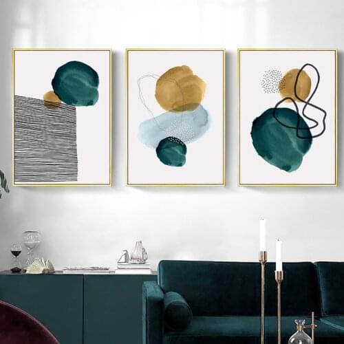 Abstract Watercolor Green Geometric Line Mininalist Canvas Painting Wall Art Prints Poster Picture Living Room Home Decoration
