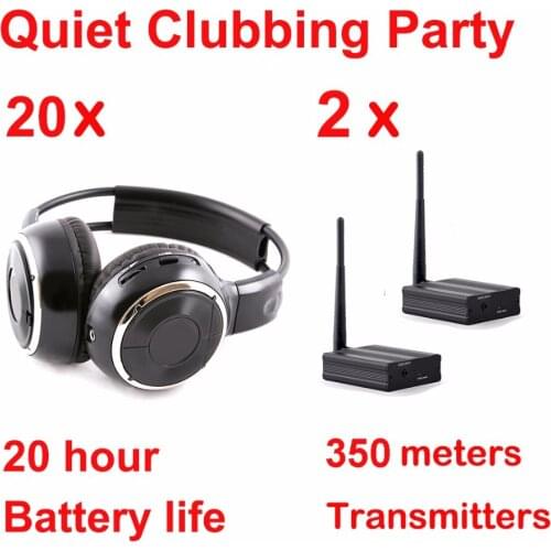 Silent Disco black folding wireless headphones - Quiet Clubbing Party package (20 Headphones + 2 Transmitters)