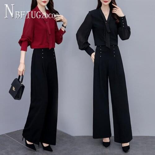 Black Blouse+Black Pants Red Blouse+Black Pants Women Sets Office Lady Female Sets
