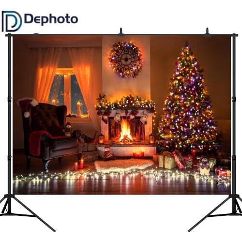 DePhoto Christmas Tree Fireplace Gift Interior Scenic Photography Backgrounds Customized Photographic Backdrops For Photo Studio