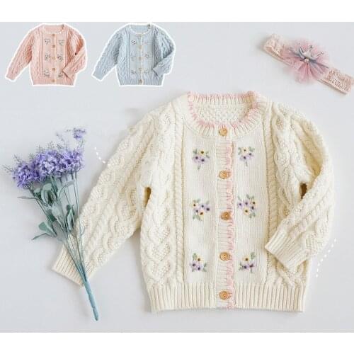 2021 Spring New Kids Sweaters 2 3 4 5 Y Baby Girl Fashion Flower Sweater Cardigan Korean Embroidery Knit Sweater Jacket For Girl