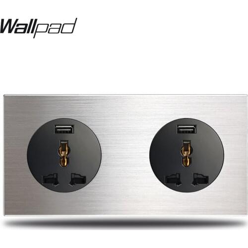 2.1A Fast Charging USB Socket 2 Way Double Universal Wall Electric Socket with Silver Brushed Aluminum Alloy Panel