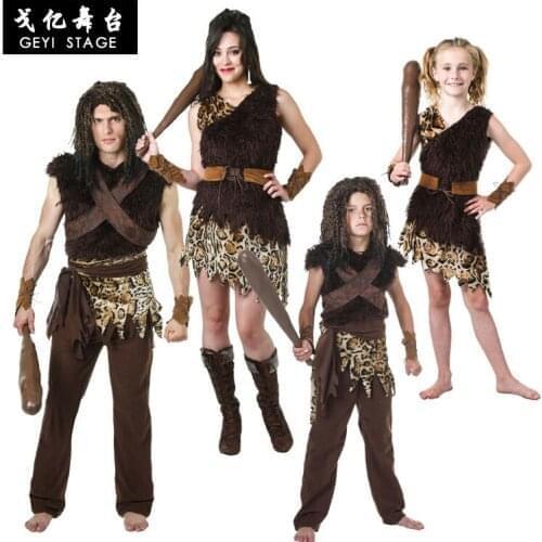Halloween Kids Leopard Savage Caveman Croods Flintstones Primitive Sexy Women Indian Clothing Carnival Costumes for Men Fancy