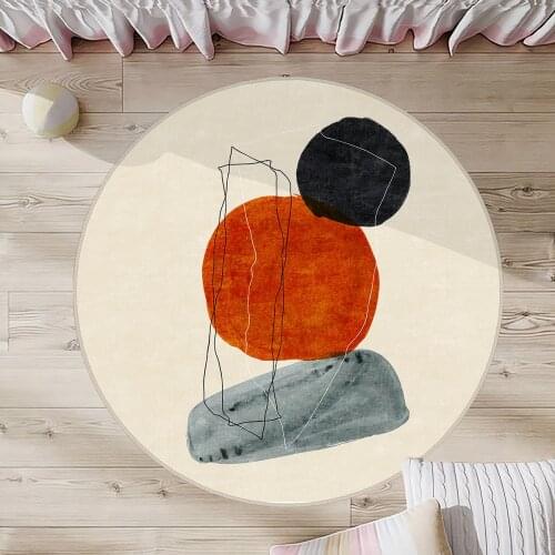 Krem Rengi Yuvarlak Halı kahverengi siyah gri şekiller yuvarlak