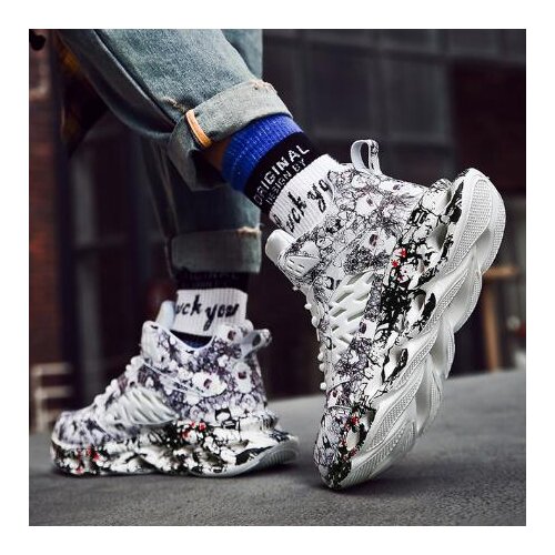 Fashion Mens Hip Hop Street Dance Shoes Graffiti High Top Chunky Sneakers Autumn Summer Casual Mesh Shoes Boys Zapatos Hombre