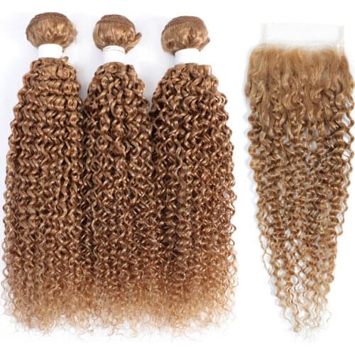 Kinky Curly Hair Bundles With Closure 4x4 Honey Blonde Brown Brazilian Human Hair Weave Bundles With Closure Non-Remy KEMY HAIR