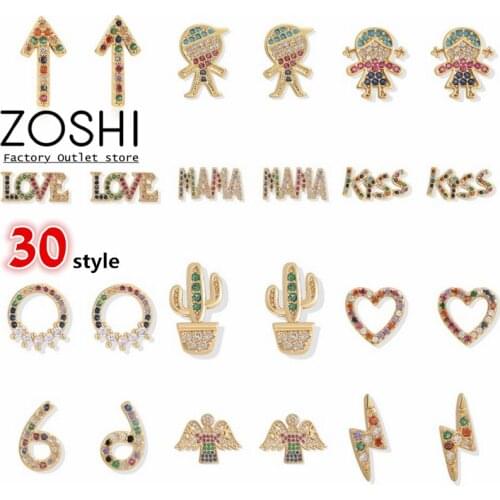 Cute 30 design Cartoon Rhinestone Stud Earrings Copper Colorful CZ Crystal Arrow Round Letter Heart Round Thunder Snake Cactus