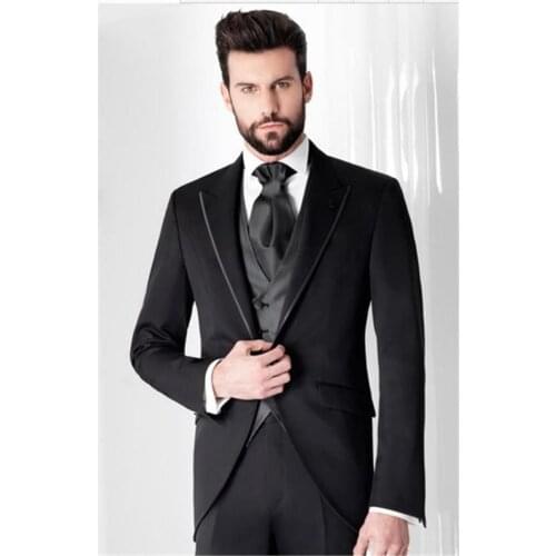 Fashionable One Button Black Groom Tuxedos Groomsmen Peak Lapel Mens Suits Blazers (Jacket+Pants+Vest+Tie) W:980