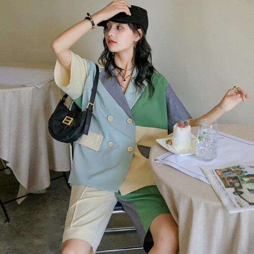 KoukiMa Fashion Irregular Patchwork Two Piece Set Women Short Sleeve Blazer Suit Jacket And Shorts Chic Women Clothes Girls