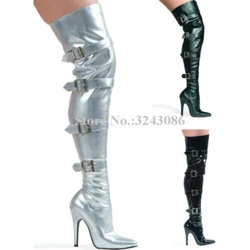 New Pointed Toe Buckles Over the Knee Women Boots Sexy Thin Heels Leather Thin Leg Long Boots Fashion Party Shoes Lady