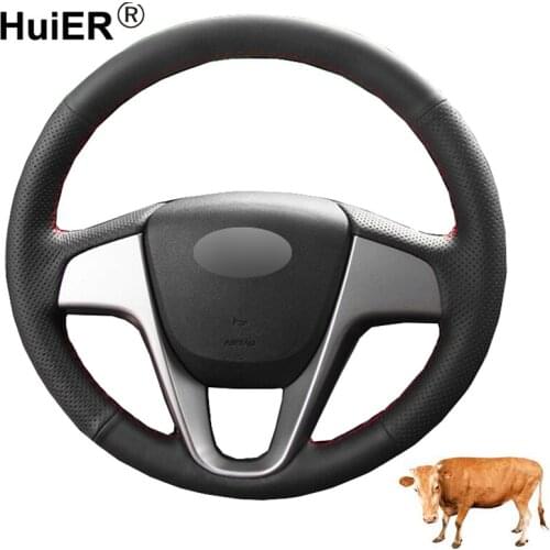 Hand Sewing Car Steering Wheel Cover Top Cow Leather For Hyundai Solaris (RU) 2010 - 2016 Verna 2010 - 2016 i20 2009-2015 Accent