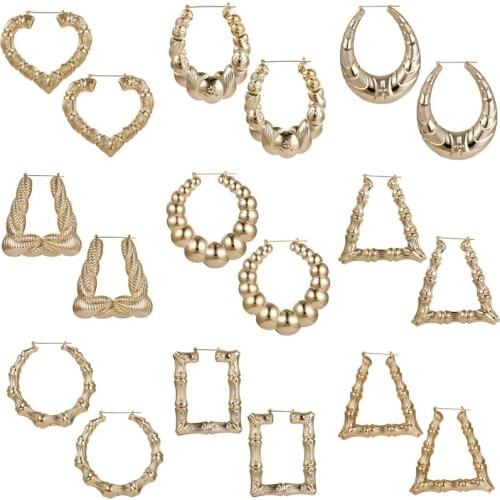 Wgoud Punk Gold Bamboo Shape Earring Fashion Various Geometric Heart Circle Hoop Earring For Women And Girls Gift Accessories