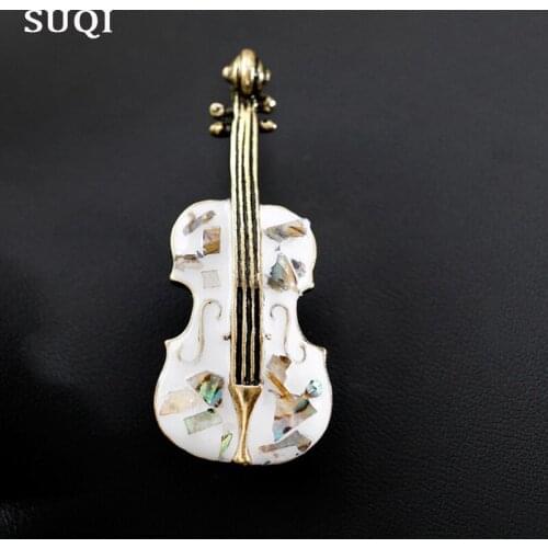 SUQI new Shell Violin Musical instrument brooches Pins for Womens lapel dress Jewelry Ancient gold enamel brooches accessories