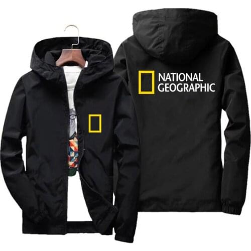 Mens National Geographic Hoodies Mens Survey Expedition Scholar Coats Thin Hooded Windbreaker Zipper Casual Streetwear Jacket