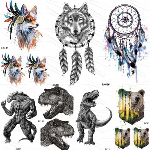 OMMGO Tribal Wolf Dreamcatcher Temporayr Tattoos Waterproof Flash Fox Tatoo Dinosaur Body Art For Men Women Fake Tattoo Stickers