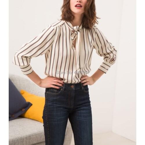 High Quality Silk Contrast Stripe Long Sleeve Shirt Top With V Neck & Ribbon - Elfbop 2019 Newest Blouse Shirt