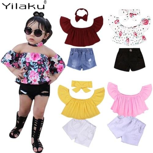 Yilaku Baby Girl Clothes Summer Off Shoulder Tops + Shorts + Headband Girls Clothes Sets Floral Print Children’s Clothing YY026