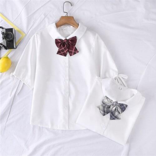 Women Blouses and Shirt 2021 New Summer Top Preppy Style JK Uniform Bow Tie Sweet White Peter Pan Collar Chiffon Chic Shirt Tops