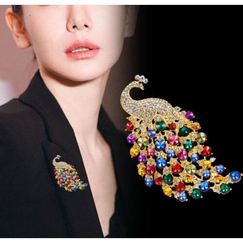 Heavy Colorful Full Rhinestone Gold-color Peacock Brooches for Women Crystal Brooch Pins Jewelry Accessories