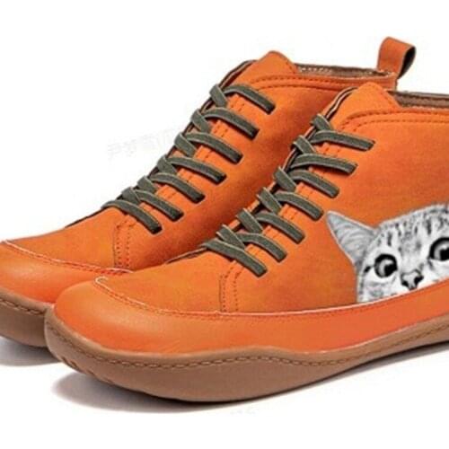 2021 Womens Fashion Cartoon Cat Print Leather Padded Half Boots Womens Spring/Summer Season 6 Color Large Size Womens Shoes
