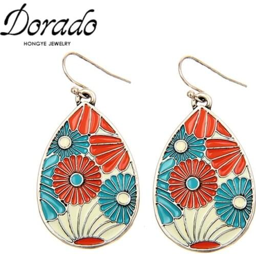 Enamel Flower Water Drop Earrings For Women Retro New Alloy Ethnic Female Dangle Hanging Earring Fashion Ear Jewelry Brincos