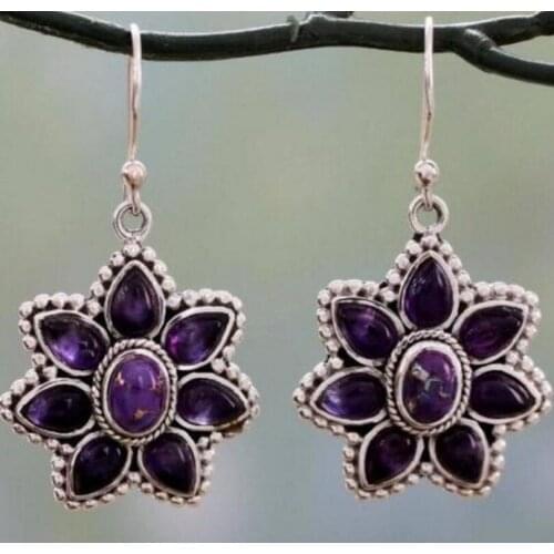 Womens Vintage Thai Silver Purple Dragon Crystal Petal Earrings Peach Blossom Turquoise Ears Festival Birthday Gift Jewelry